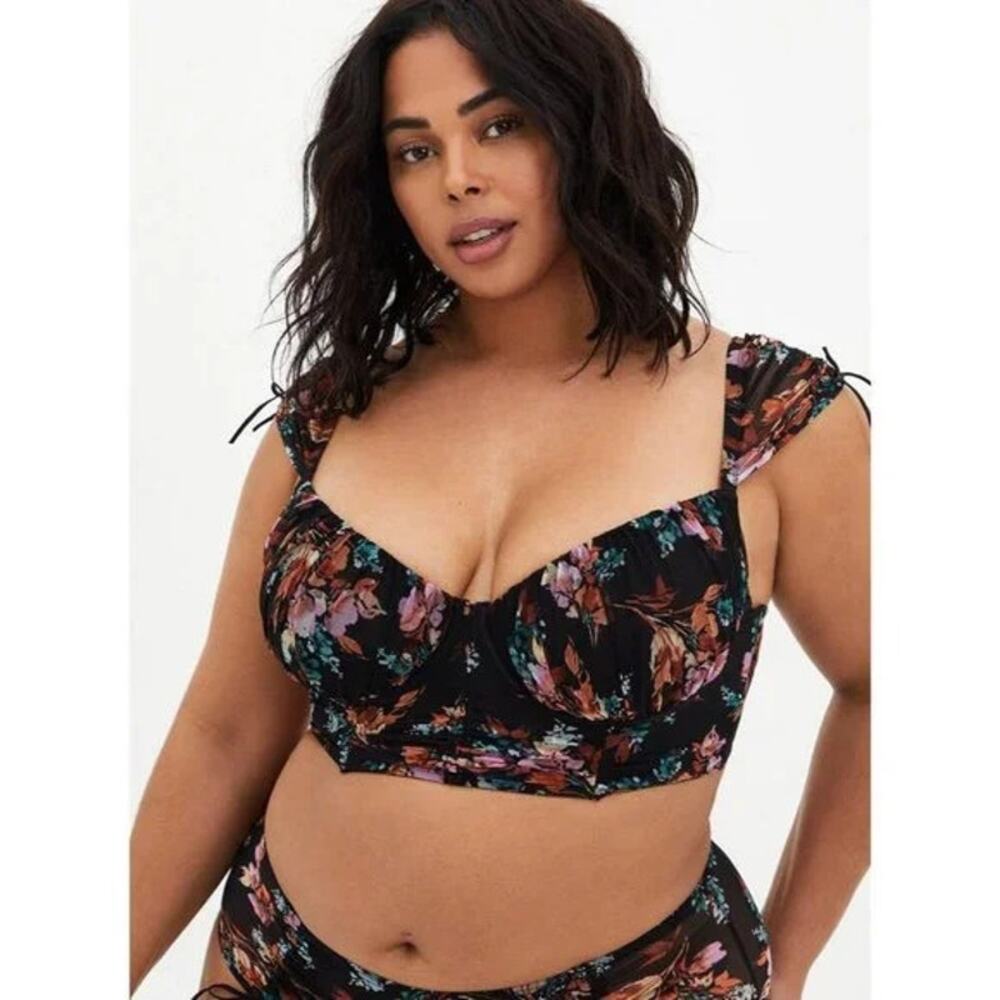 Torrid Curve Black Floral Ruched‎ Mesh Cap Sleeve Underwire Bra Women's 4